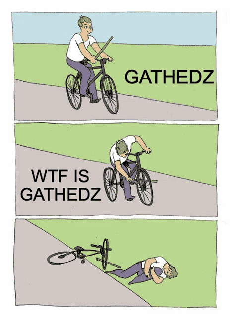 a cartoon of a man riding a bike with the words wtf is gathedz on the bottom
