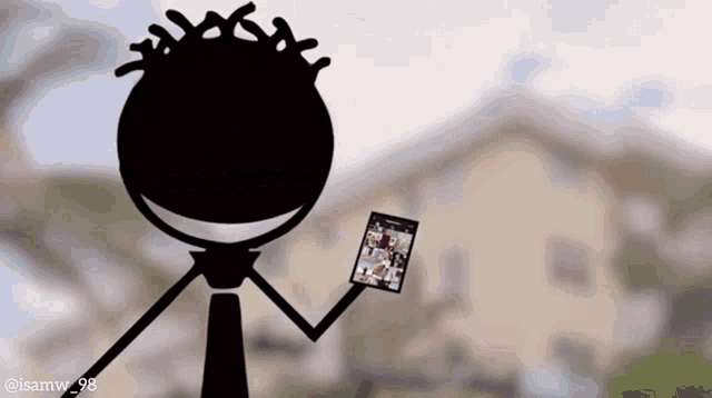 a stick figure taking a picture with a cell phone with the hashtag samw98