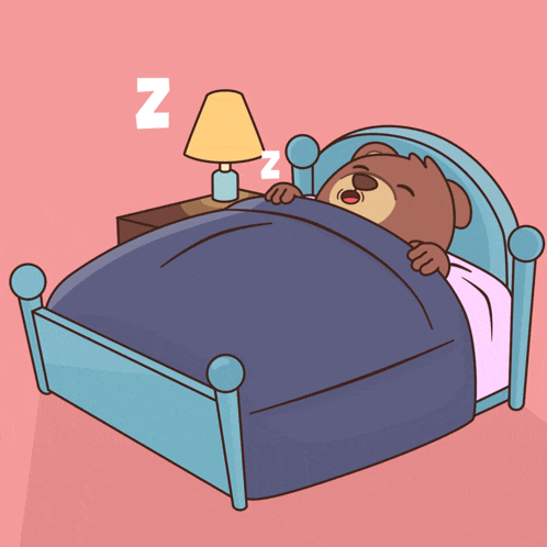 a cartoon drawing of a teddy bear sleeping in a bed with the letter n above it