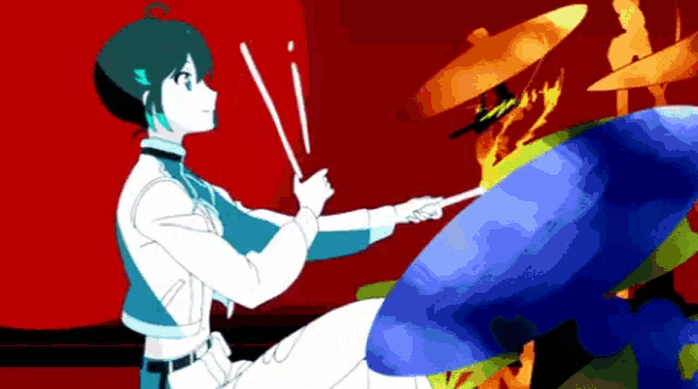a cartoon character is playing drums in front of a drum set