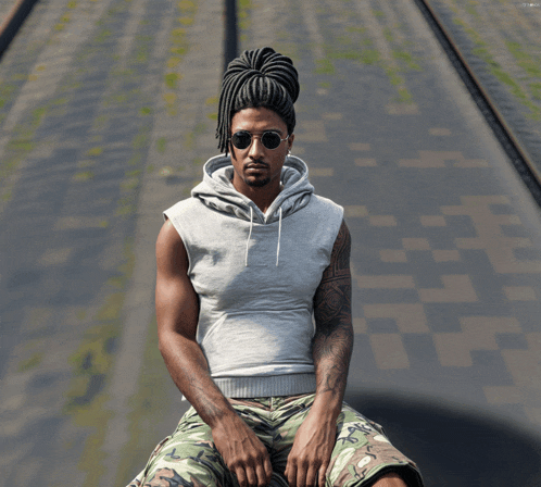 a man with dreadlocks is wearing sunglasses and a gray sleeveless hoodie