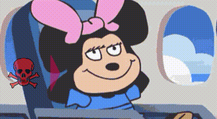 a cartoon of minnie mouse sitting on an airplane with a skull and crossbones behind her