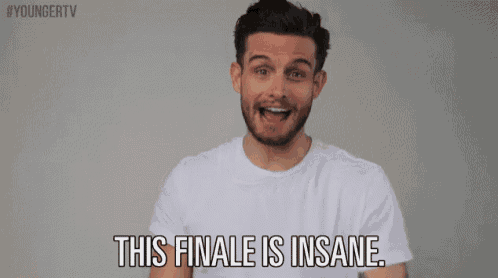 a man in a white shirt is making a funny face and saying `` this finale is insane '' .