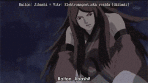 a woman with long hair is talking to a man with the name raiton jibashi on the bottom right