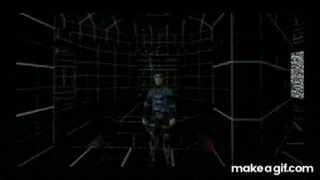 a video game character is standing in a dark room with a box in his hand .