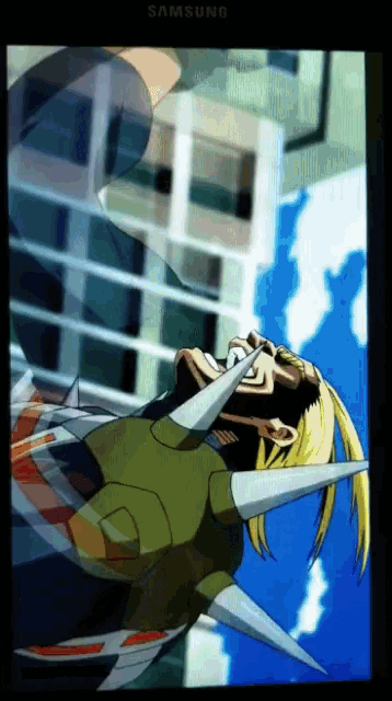 a pixelated image of a man with a sword in his mouth and a building in the background