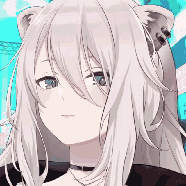 a close up of a white haired anime girl with a choker around her neck