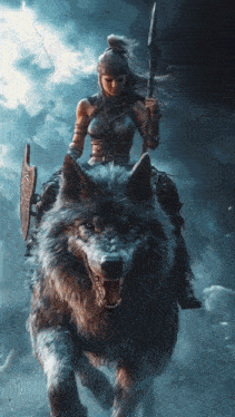 a woman riding on the back of a wolf with a spear and shield