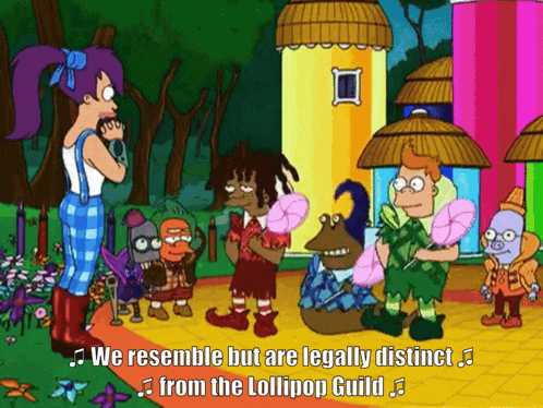 a cartoon says we resemble but are legally distinct from the lollipop guild on the bottom
