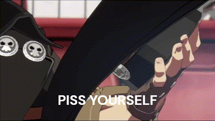 a cartoon of a person driving a car with the words piss yourself written on the screen .