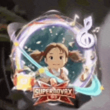 a picture of a girl in a circle with a music note in the middle of it .