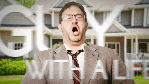 a man in a suit and tie is yawning in front of a house with the words guy with ale behind him