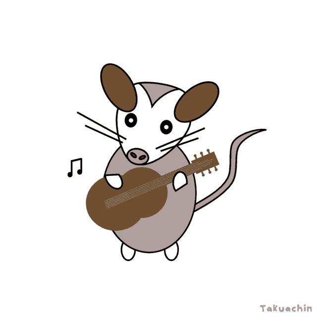 a cartoon drawing of an opossum playing a guitar with music notes behind it