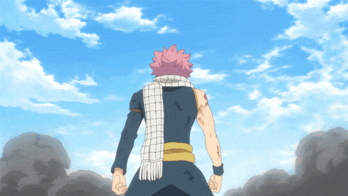 a cartoon character with a scarf around his neck stands in front of a blue sky