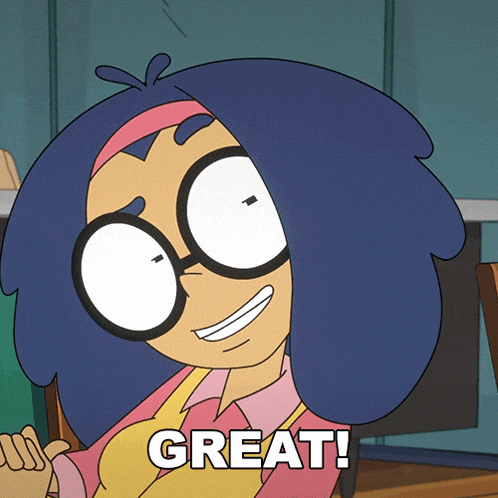 a cartoon character with glasses is smiling and says " great "