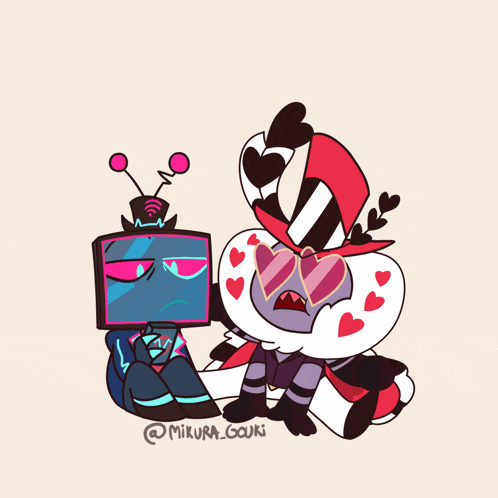 a drawing of two cartoon characters with hearts on their faces by @mikura_ouki