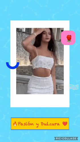 a picture of a woman in a white dress with the words pasion y dulzura on the bottom