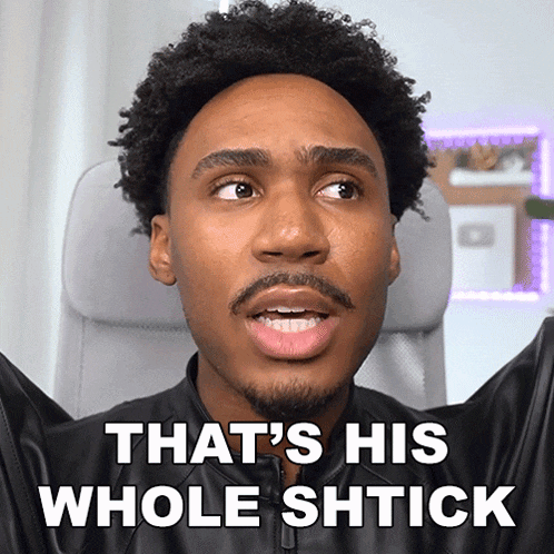 a man in a leather jacket says " that 's his whole shtuck "