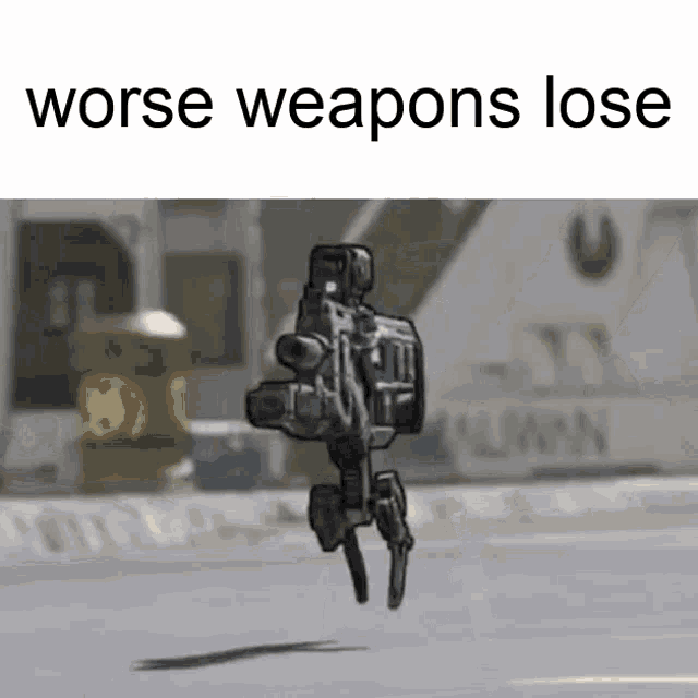 a robot with a gun is flying in the air with the words `` worse weapons lose '' .