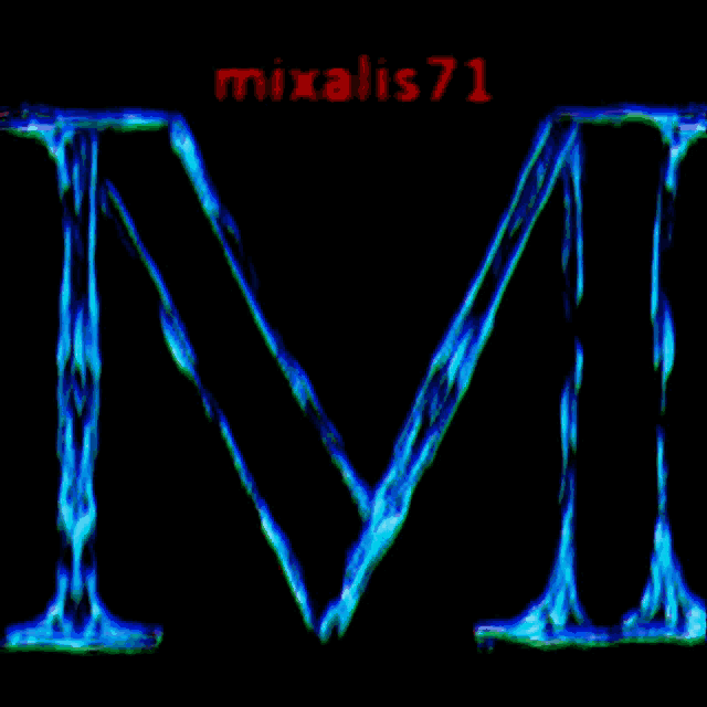 a blue letter m on a black background with mixalis71 written in red