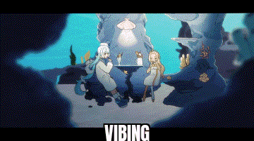 a cartoon of two people sitting at a table in a cave with the word vibing written on the bottom .