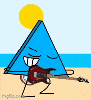 a blue triangle is playing a red guitar on the beach