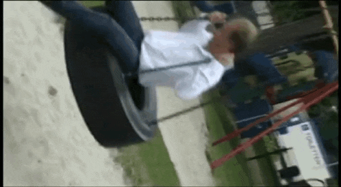 a man is sitting on a tire swing in a park .