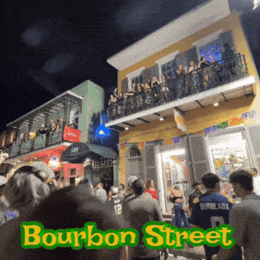 a group of people are gathered outside of a building that says bourbon street