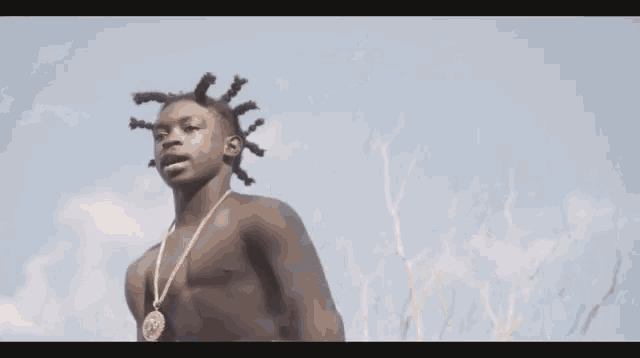 a shirtless man with dreadlocks wearing a necklace with the letter r on it