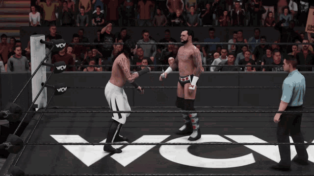 two wrestlers are in a wrestling ring with the word wcw on the floor