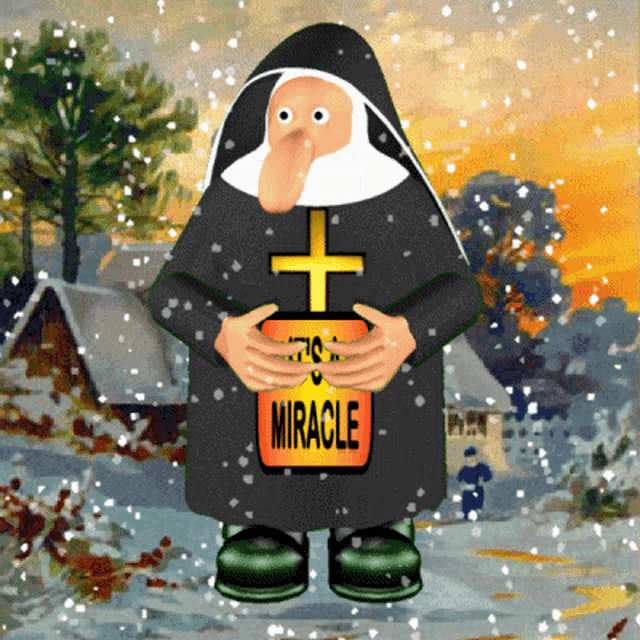 a nun holding a sign that says miracle on it