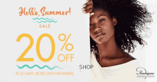 a woman holding a sign that says hello summer sale 20 % off plus save more with rewards