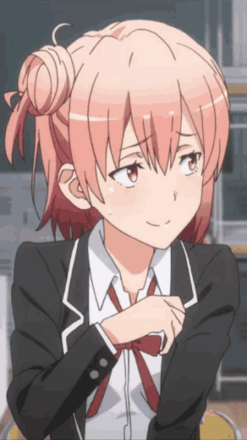 a girl with pink hair is wearing a black jacket and red tie