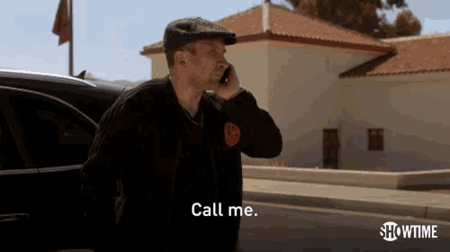 a man talking on a cell phone with the words call me on the bottom right