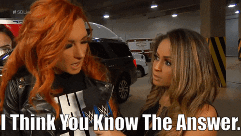 two women standing next to each other with the words i think you know the answer