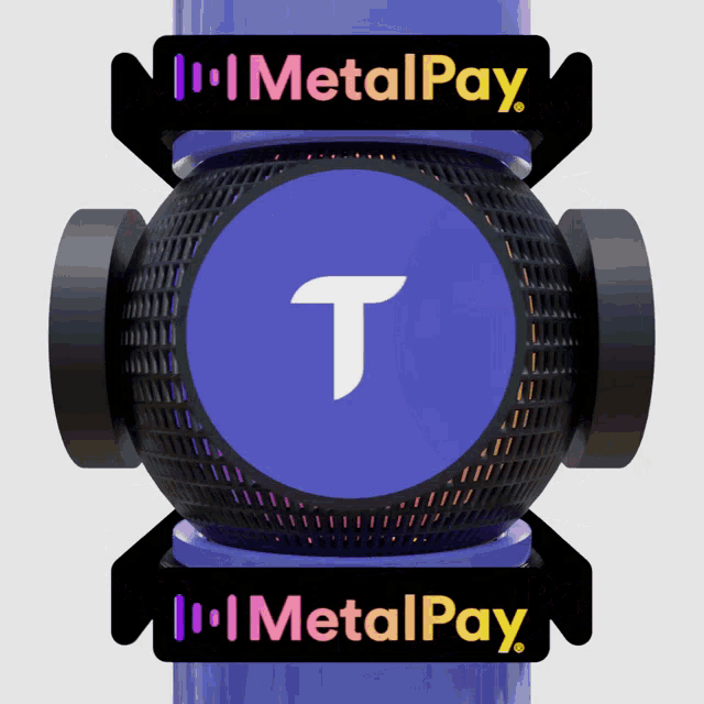 a metalpay sign with a purple circle with a letter t on it