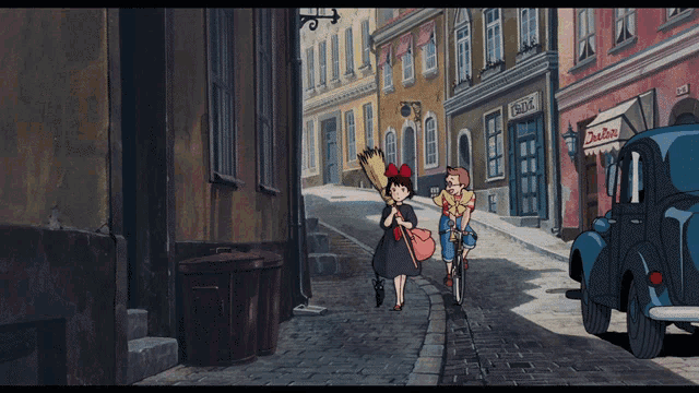 a girl with a broom is walking down a cobblestone street in front of a building that says bakery