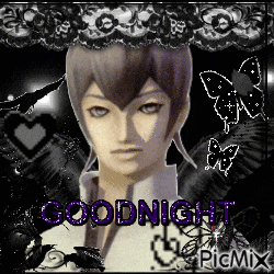 a picture of a man with the words goodnight written in purple