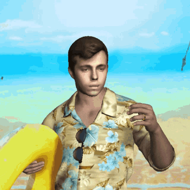 a man in a hawaiian shirt is holding a life preserver