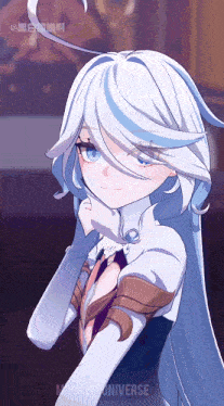 a girl with long white hair and blue eyes is in a video game
