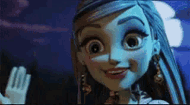 a cartoon doll is smiling and waving at the camera with a blue background .