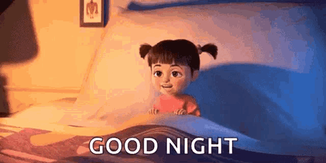 a cartoon girl is laying in a bed with the words `` good night '' written on the bottom .