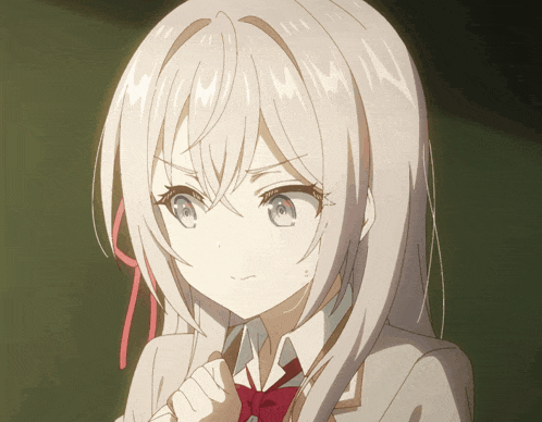 a girl with white hair has a red bow on her neck