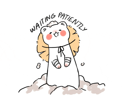 a cartoon of a bear with the words waiting patiently written around it