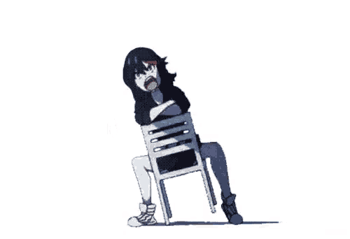 a girl in a school uniform is kicking a chair with her leg .