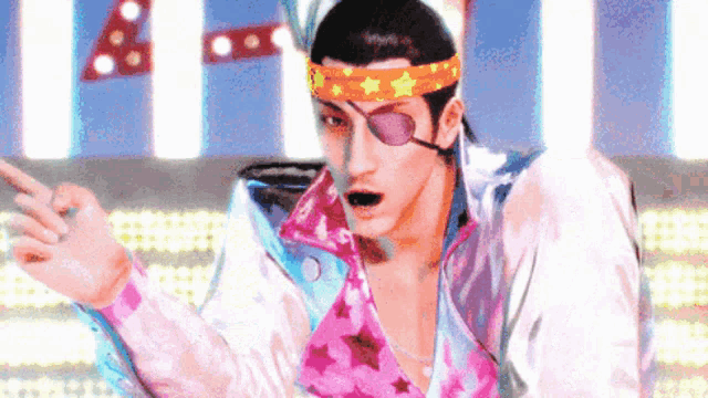 a pixelated image of a man wearing an eye patch and a headband with stars