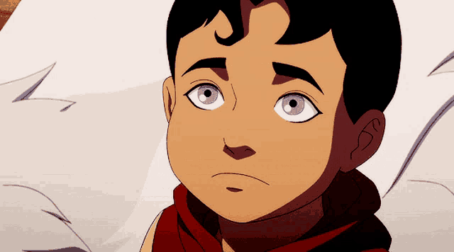 a cartoon of a young boy with blue eyes and a red hoodie