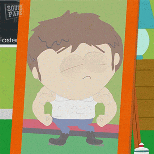 a cartoon character from south park is flexing his muscles in front of a mirror