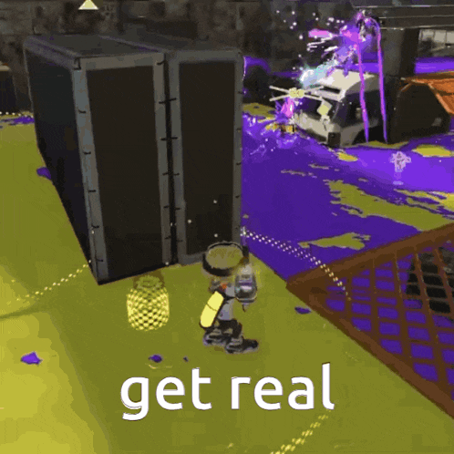a video game character is standing in front of a purple truck with the words get real below him
