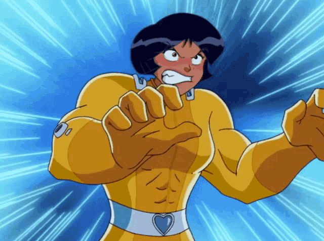 a cartoon character in a yellow superhero suit with a heart belt